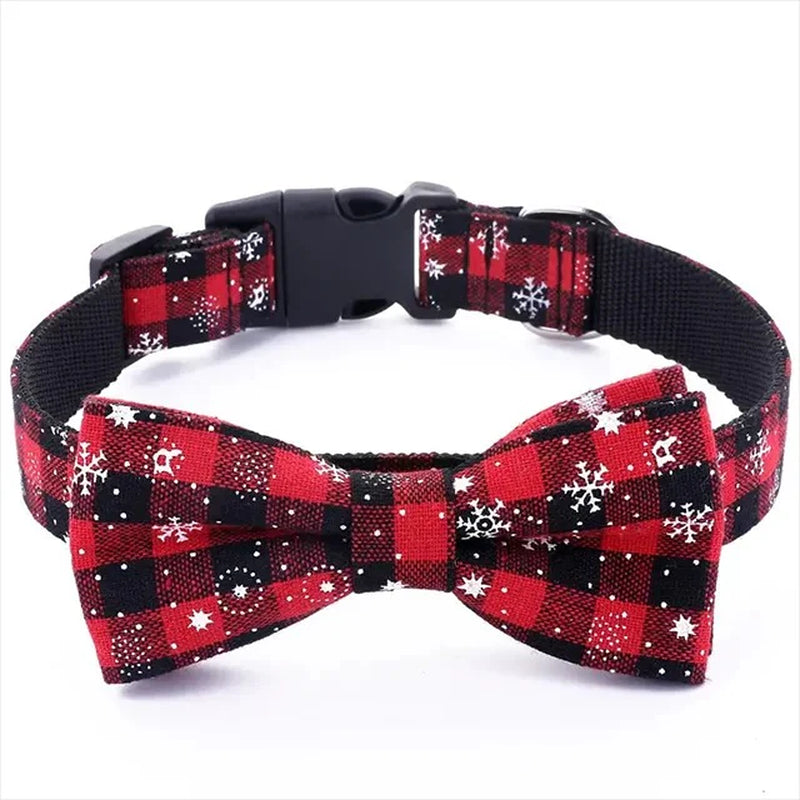 Dog Collar with Bow Tie,Christmas Plaid Snowflake Dog Collar with Adjustable Buckle Suitable for Small Large Dogs Cats Pets (S)