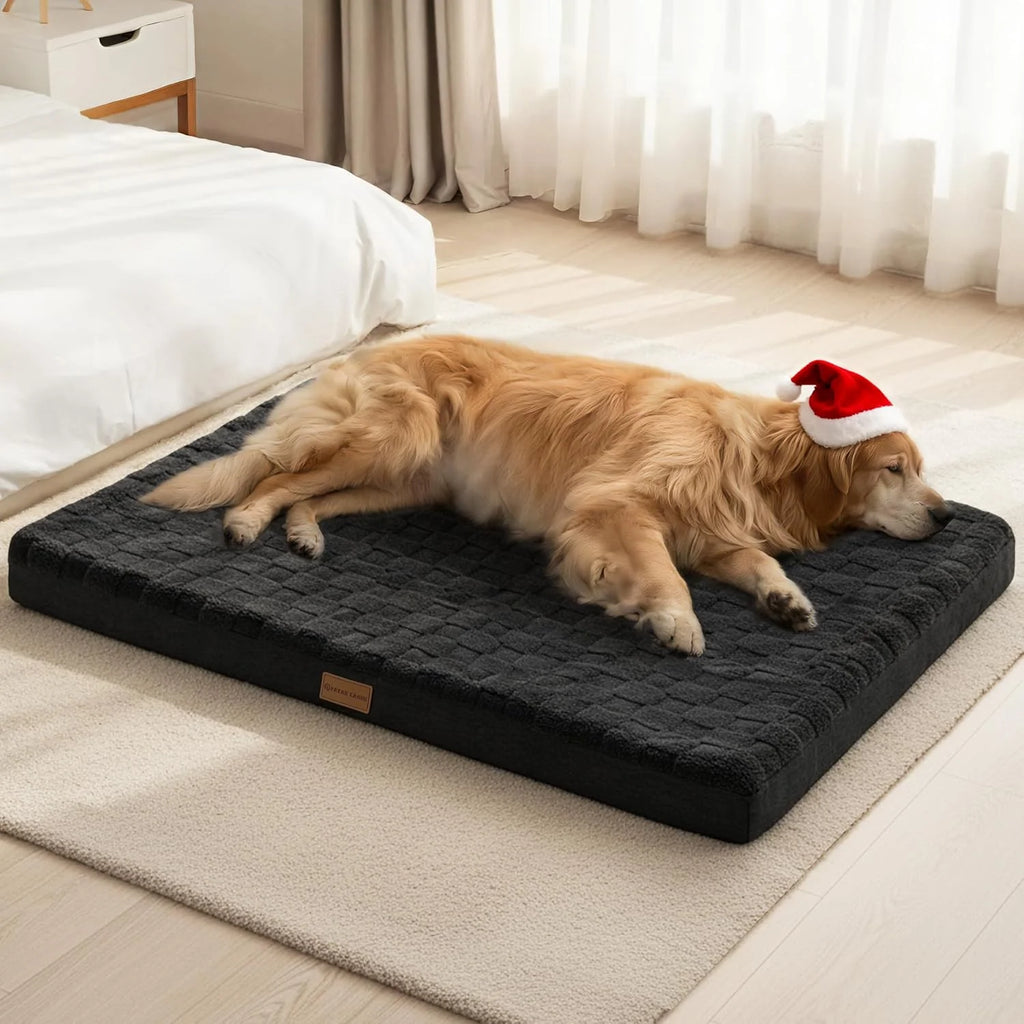 Orthopedic Dog Bed Waterproof Soft Comfortable Egg Crate Foam Large Pet Beds Crate Mat with Removable Washable Cover and Nonskid Bottom, Black