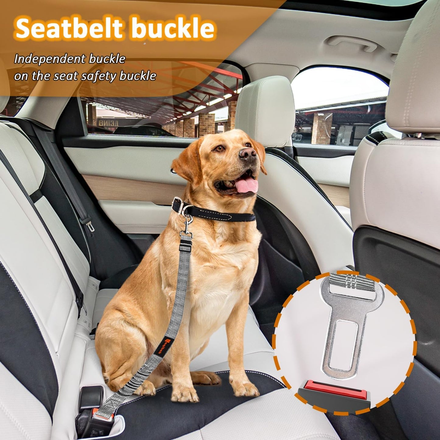 Removable Dog Seat Belt Harness for Car, 3 in 1 Pet Dog Car Seatbelt Leash, Retractable Restraint Secures to Vehicle Headrest & Adjustable Reflective Bungee Dog Seatbelt Tether, Grey
