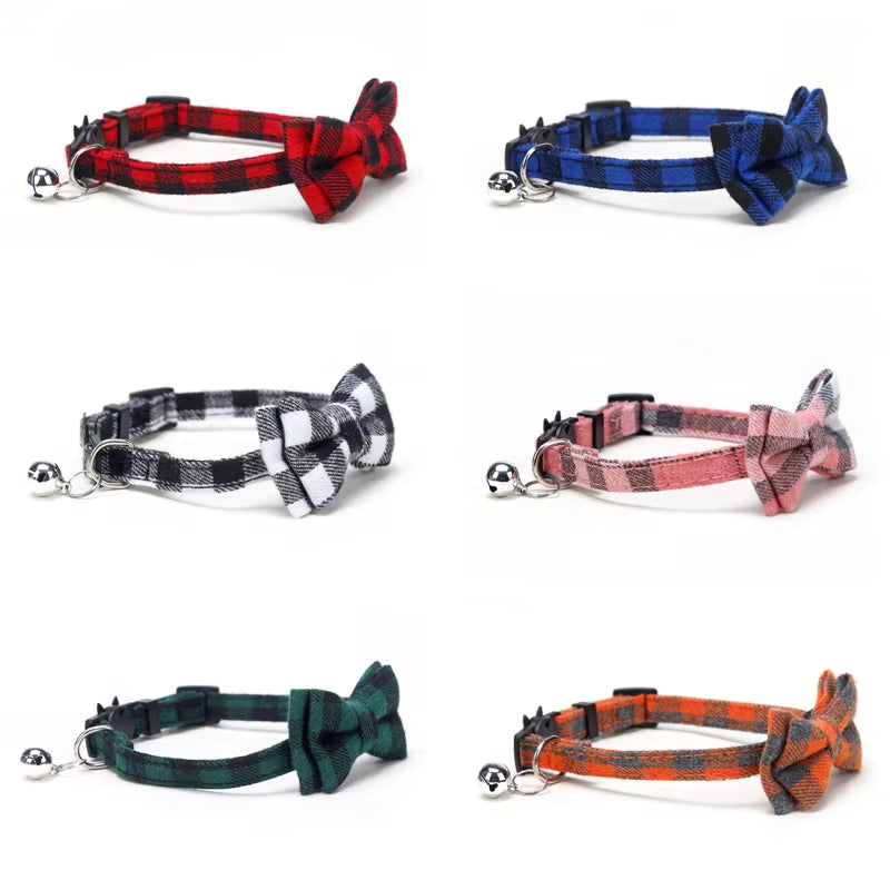 Pet Breakaway Cat Collar Bow Tie and Bell Cute Plaid Christmas Red Elastic Adjustable Dog Collar with Sash Small Bell for Cats