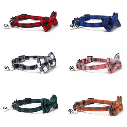 Pet Breakaway Cat Collar Bow Tie and Bell Cute Plaid Christmas Red Elastic Adjustable Dog Collar with Sash Small Bell for Cats