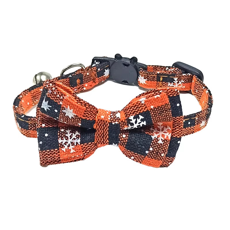 Pet Breakaway Cat Collar Bow Tie and Bell Cute Plaid Christmas Red Elastic Adjustable Dog Collar with Sash Small Bell for Cats
