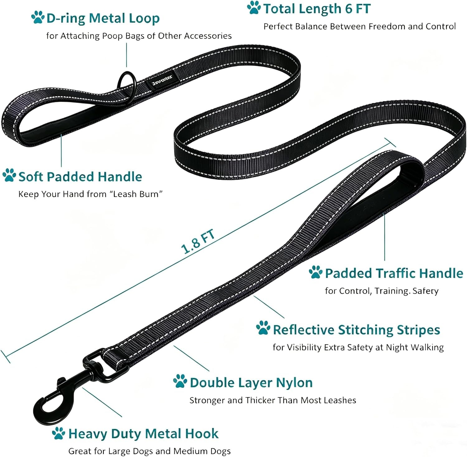 Heavy Duty Dog Leash - 2 Handles by Padded Traffic Handle for Extra Control, 6Foot Long - Perfect for Medium to Large Dogs (6 Ft, Black)
