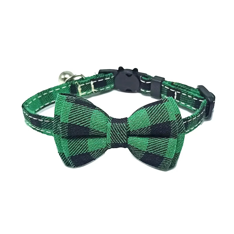 Pet Breakaway Cat Collar Bow Tie and Bell Cute Plaid Christmas Red Elastic Adjustable Dog Collar with Sash Small Bell for Cats