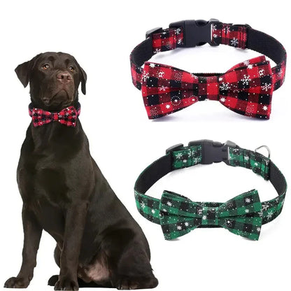 Dog Collar with Bow Tie,Christmas Plaid Snowflake Dog Collar with Adjustable Buckle Suitable for Small Large Dogs Cats Pets (S)