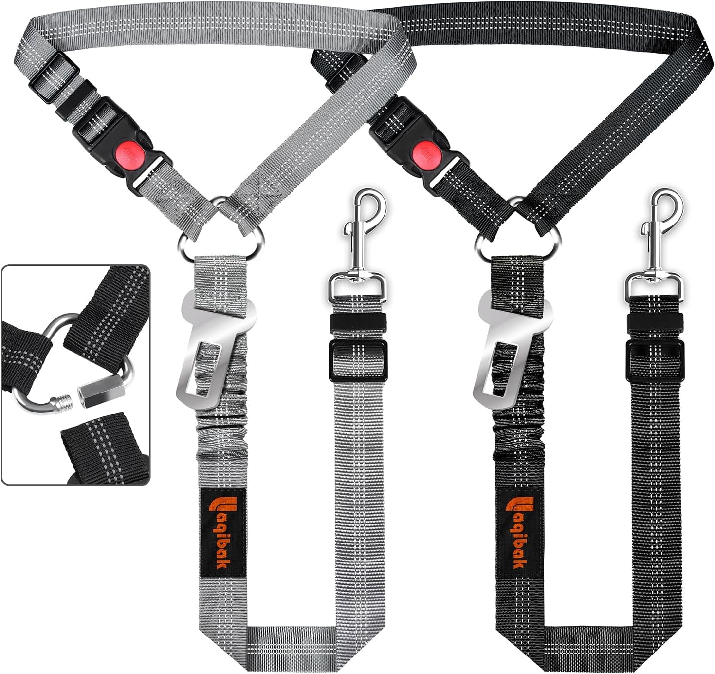 Removable Dog Seat Belt Harness for Car, 3 in 1 Pet Dog Car Seatbelt Leash, Retractable Restraint Secures to Vehicle Headrest & Adjustable Reflective Bungee Dog Seatbelt Tether, Grey