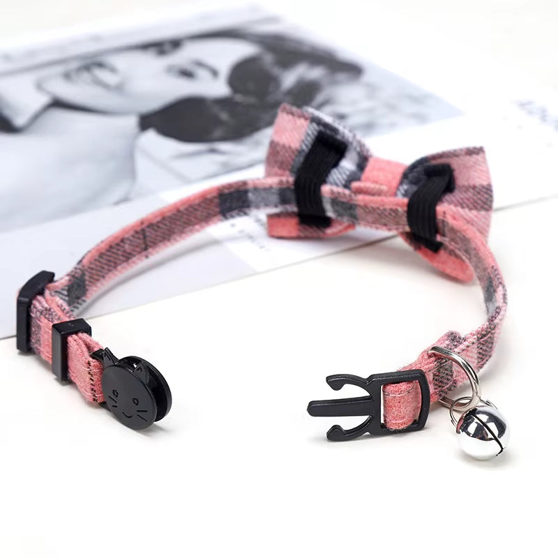 Pet Breakaway Cat Collar Bow Tie and Bell Cute Plaid Christmas Red Elastic Adjustable Dog Collar with Sash Small Bell for Cats